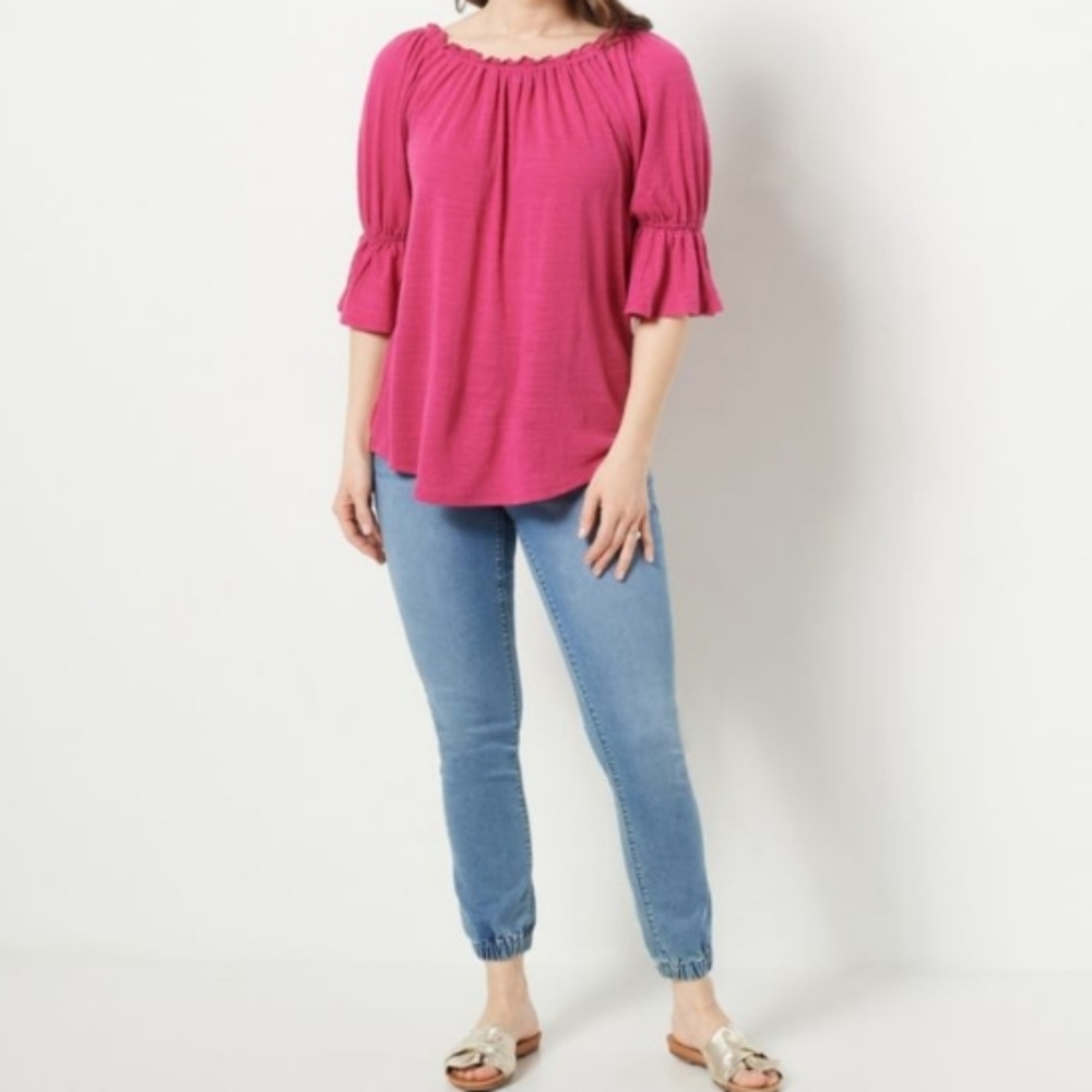 Laurie Felt Medium Rose Pink Gauze Ruffle Peasant Top w/ Sleeve Details